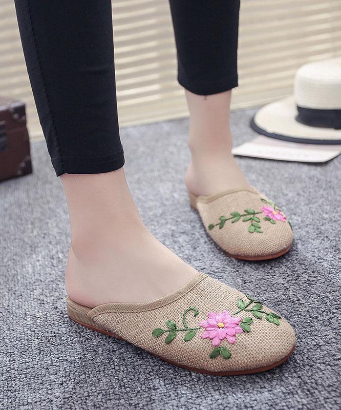 Women Khaki Embroidered Linen Fabric Slippers Shoes