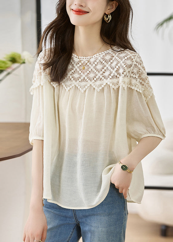 Women Khaki O Neck Lace Patchwork Cotton Top Lantern Sleeve