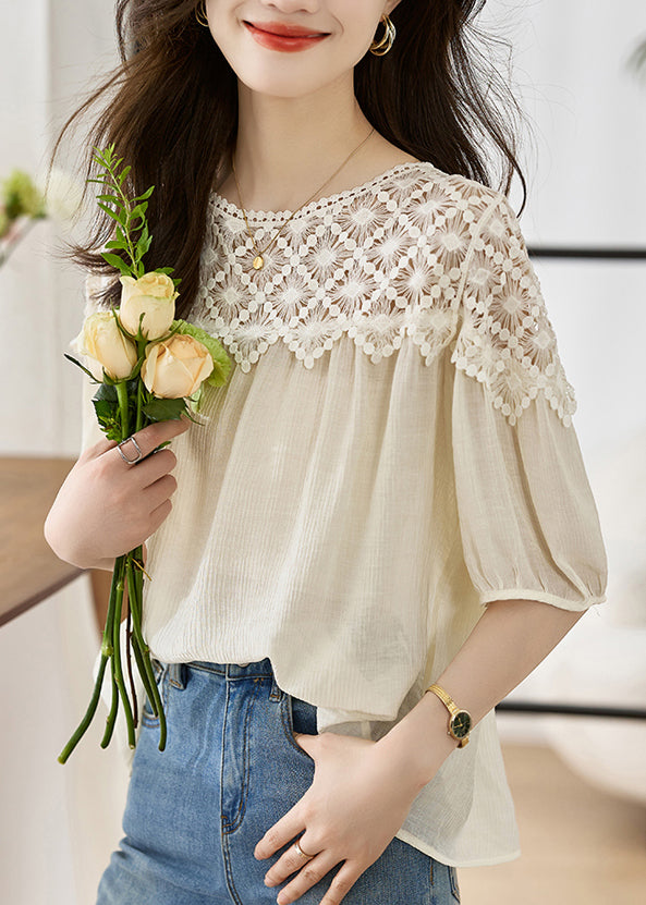 Women Khaki O Neck Lace Patchwork Cotton Top Lantern Sleeve