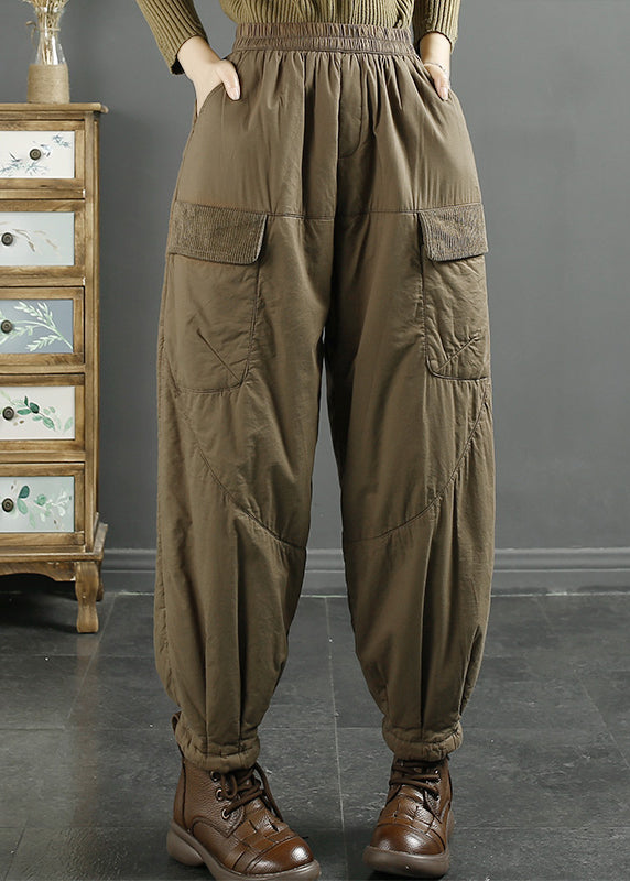 Women Khaki Pockets Elastic Waist Fine Cotton Filled Pants Winter