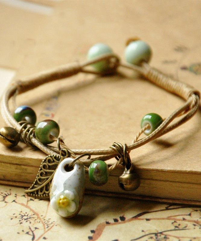 Women Khaki Sterling Silver Woven Ceramics Charm Bracelet