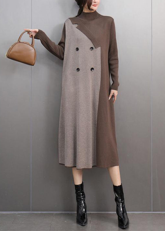 Women Khaki Turtleneck Patchwork Cotton Knit Sweaters Dress Winter