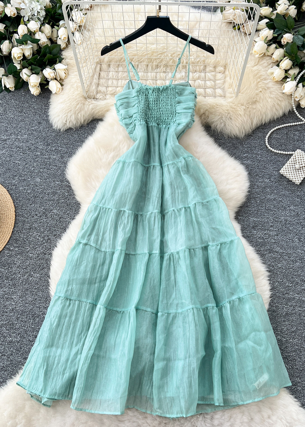 Women Lake Green Wrinkled Chiffon Spaghetti Strap Dress Summer