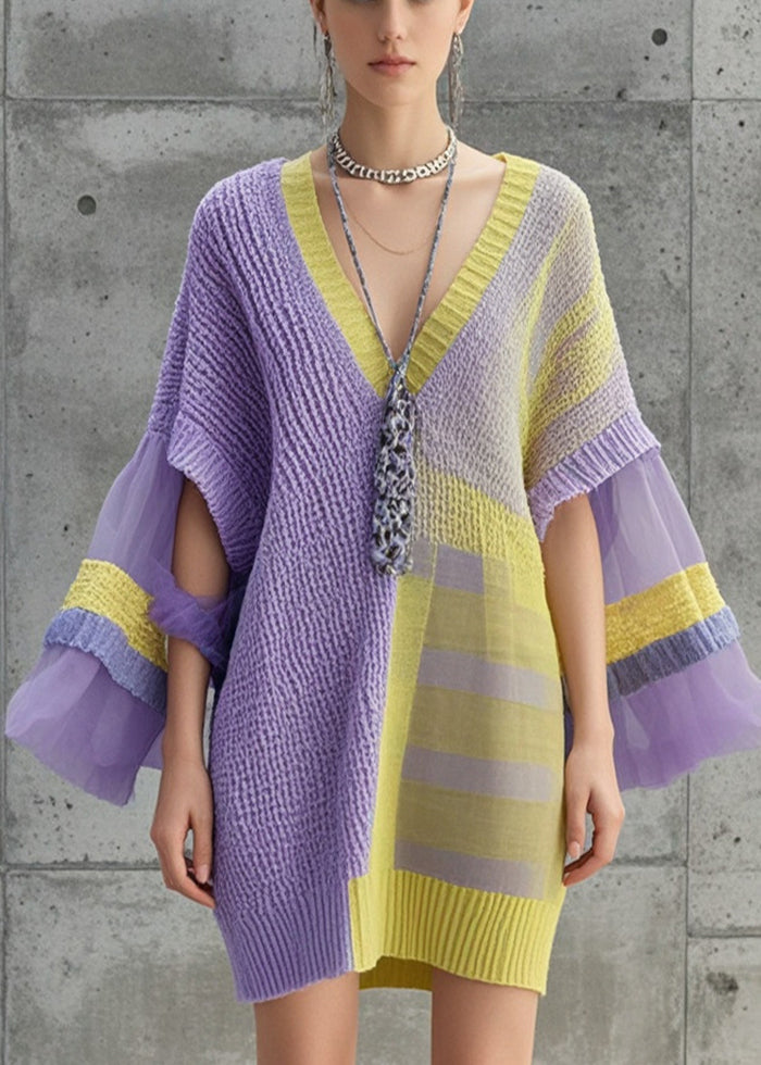 Women Lavender Asymmetrical Patchwork Tulle Knitwear Dress Fall