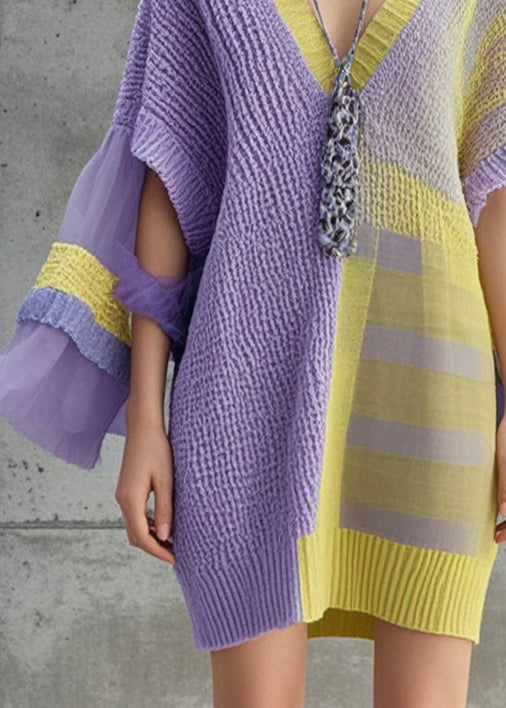 Women Lavender Asymmetrical Patchwork Tulle Knitwear Dress Fall