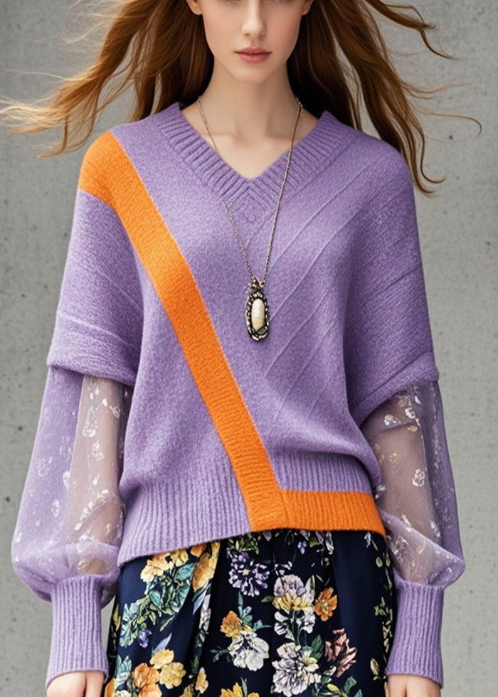 Women Lavender V Neck Patchwork Knit Sweater Tops Fall