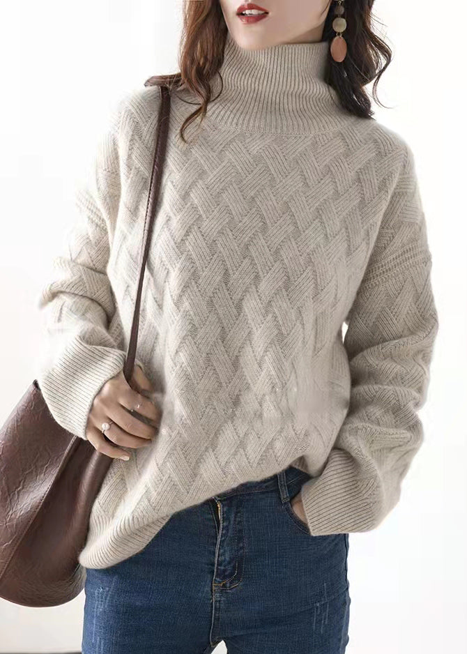 Women Light Camel Turtleneck Plaid Wool Knit Sweaters Spring