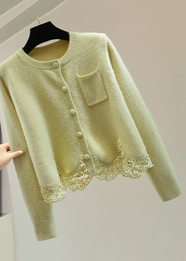 Women Light Green O-Neck Lace Patchwork Cotton Knit Sweaters Winter