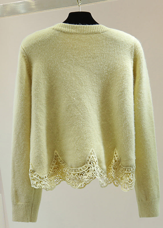 Women Light Green O-Neck Lace Patchwork Cotton Knit Sweaters Winter