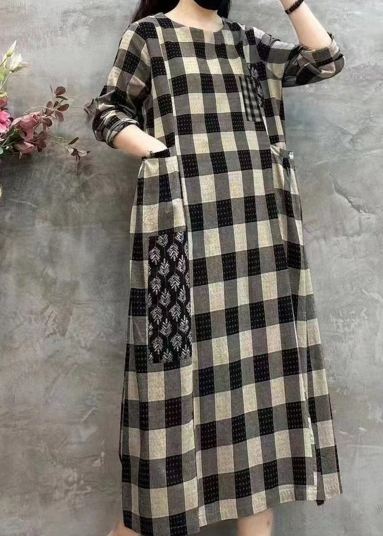 Women Light Plaid O-Neck Pockets Print Patchwork Maxi Dress Long Sleeve