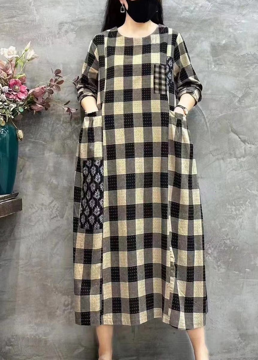 Women Light Plaid O-Neck Pockets Print Patchwork Maxi Dress Long Sleeve