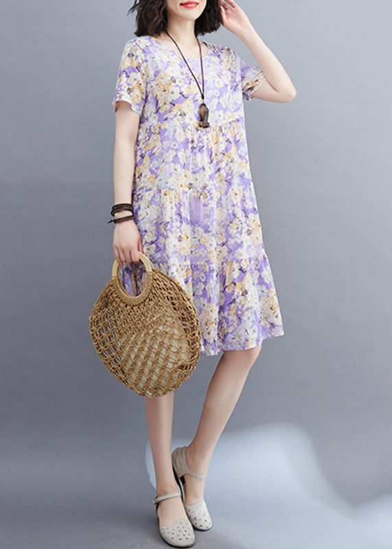 Women Light Purple Patchwork Print Mid Dresses Short Sleeveomen Light Purple Patchwork Print Mid Dresses Short Sleeve