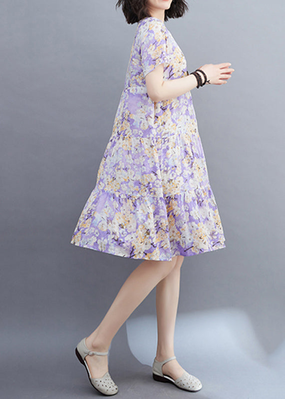 Women Light Purple Patchwork Print Mid Dresses Short Sleeveomen Light Purple Patchwork Print Mid Dresses Short Sleeve