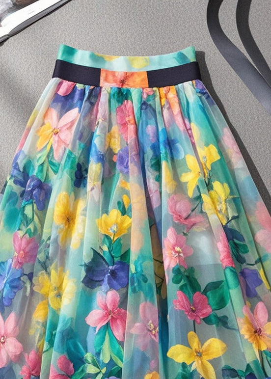 Women Multicolor Floral Print High Waist Tulle Skirts Summer