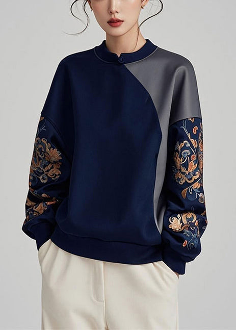 Women Navy Asymmetrical Patchwork Cotton Pullover Sweatshirt Spring