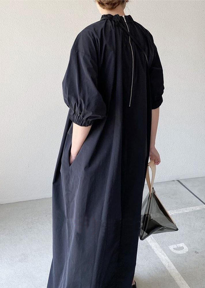 Women Navy Back Zippered Cotton Maxi Dress Half Sleeve