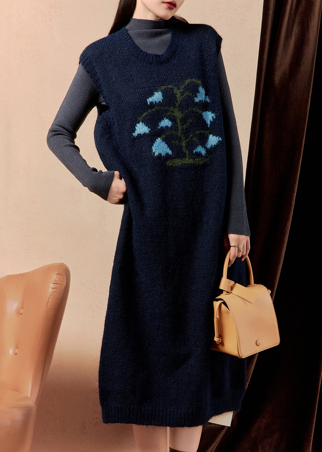 Women Navy Embroidered Cozy Knit Dress Sleeveless