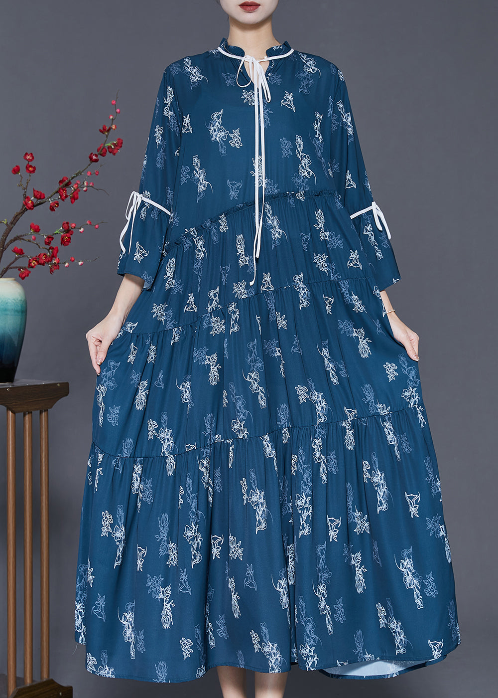 Women Navy Print Exra Large Hem Cotton Dresses Spring