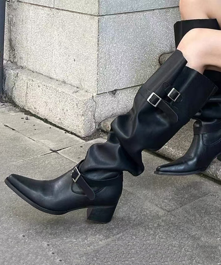 Women New Splicing Buckle Chunky Boots Black Faux Leather