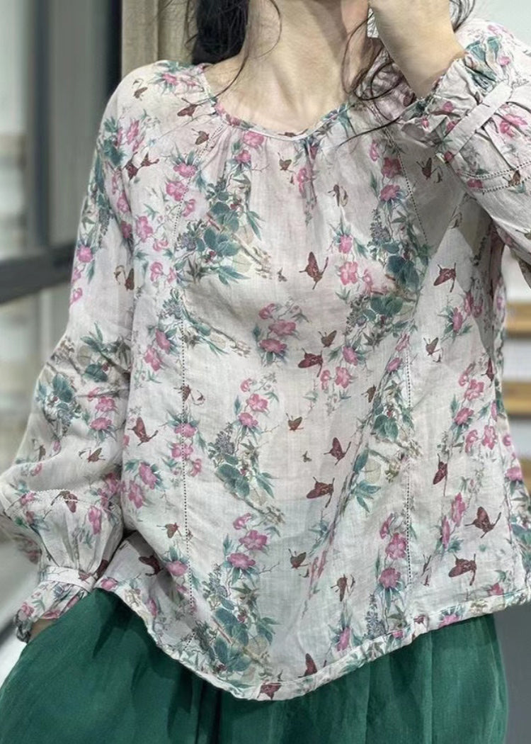 Women O-Neck Print Linen Top Long Sleeve