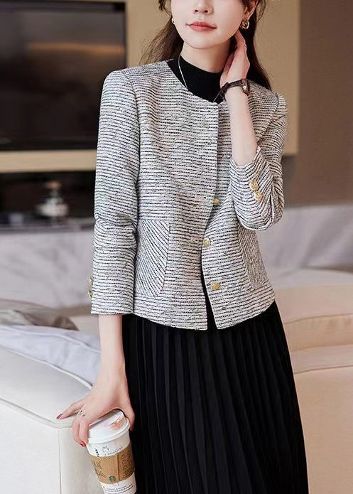 Women O-Neck Striped Cotton Short Coat Spring