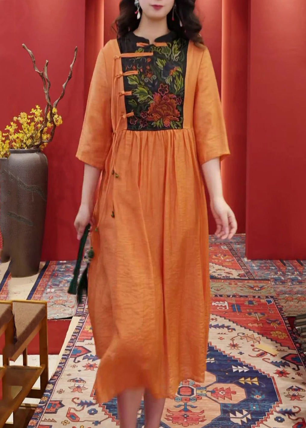 Women Orange Embroidered Button Cotton Dresses Half Sleeve