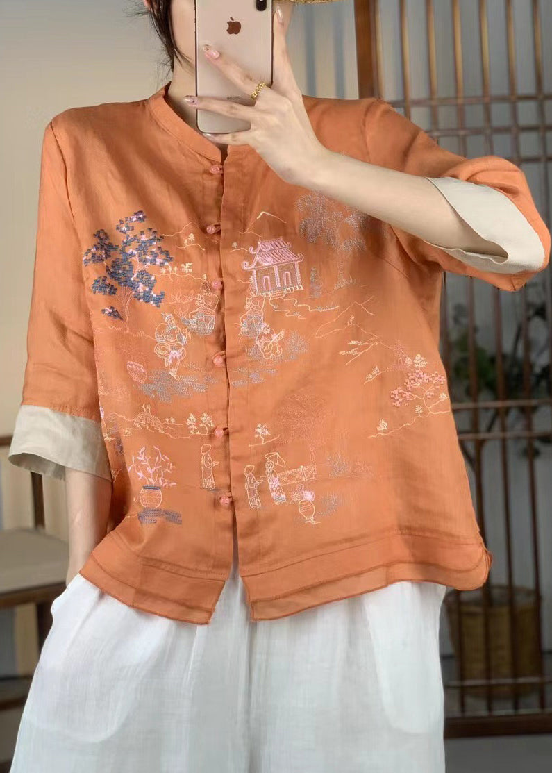 Women Orange Embroidered Patchwork Linen Shirt Bracelet Sleeve