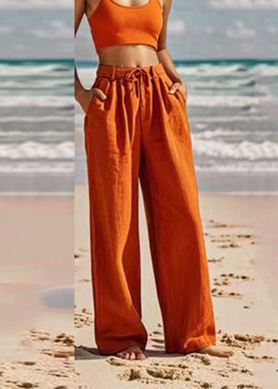 Women Orange Pockets Tie Waist Wide Leg Pants Summer