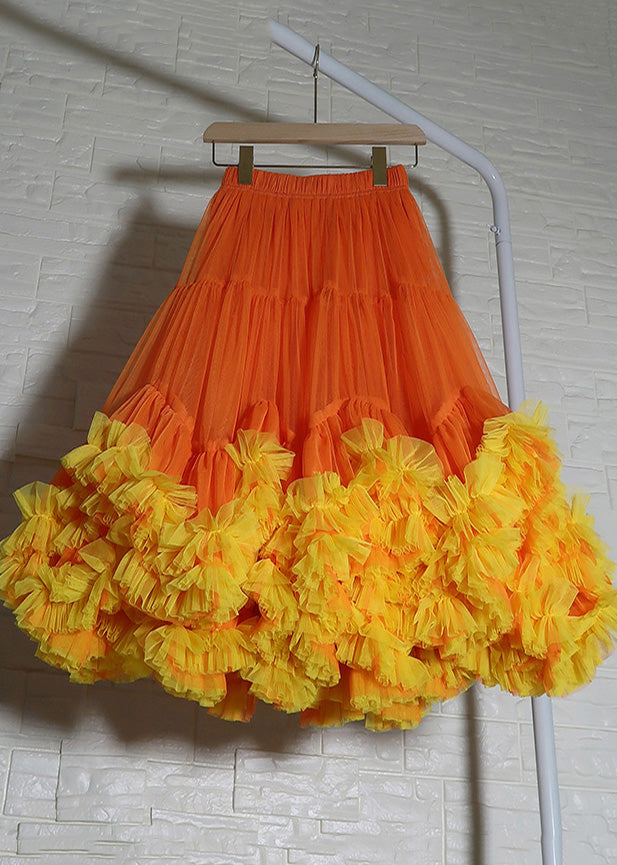 Women Orange Ruffled Patchwork Tulle Skirts Summer