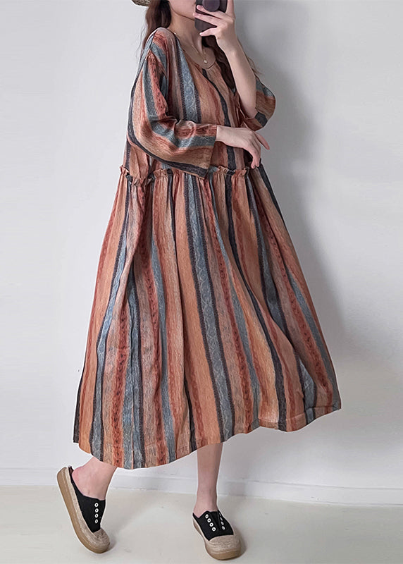 Women Orange Striped Patchwork Silk Cotto Long Dresses Long Sleeve