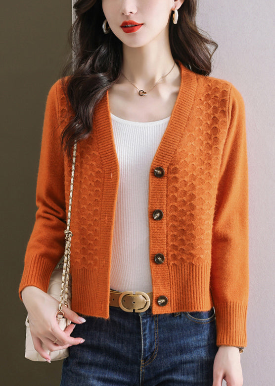 Women Orange V Neck Button Wool Knit Cardigan Winter