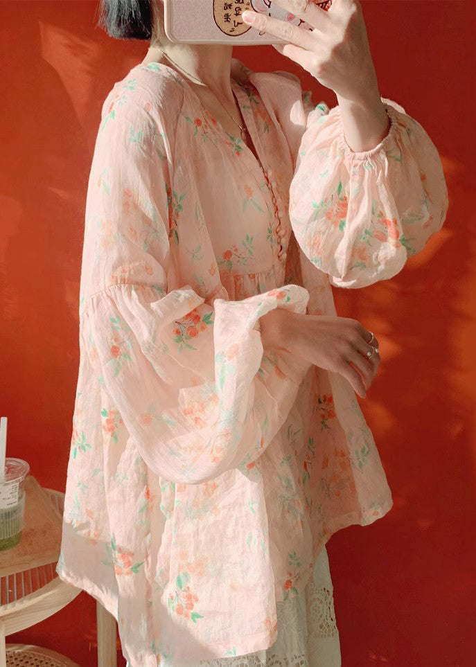 Women Pink Button Print Cotton Blouse Lantern Sleeve