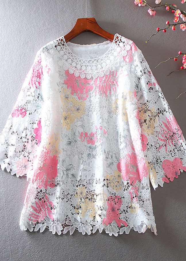 Women Pink Embroidered Lace Shirt Bracelet Sleeve