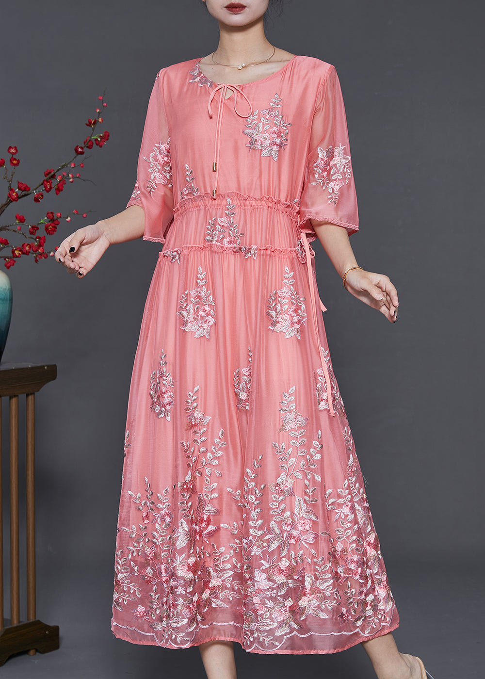 Women Pink Embroidered Silk Cinched Dress Summer