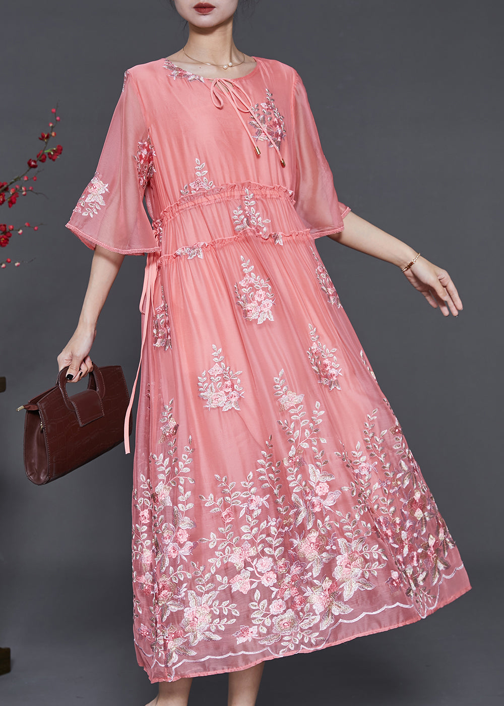 Women Pink Embroidered Silk Cinched Dress Summer