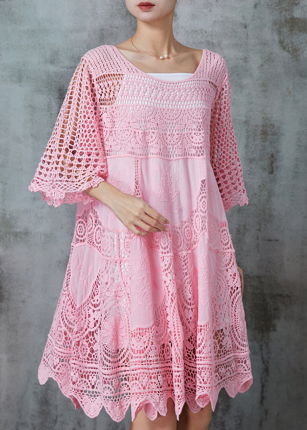 Women Pink Hollow Out Lace Holiday Dress Summer