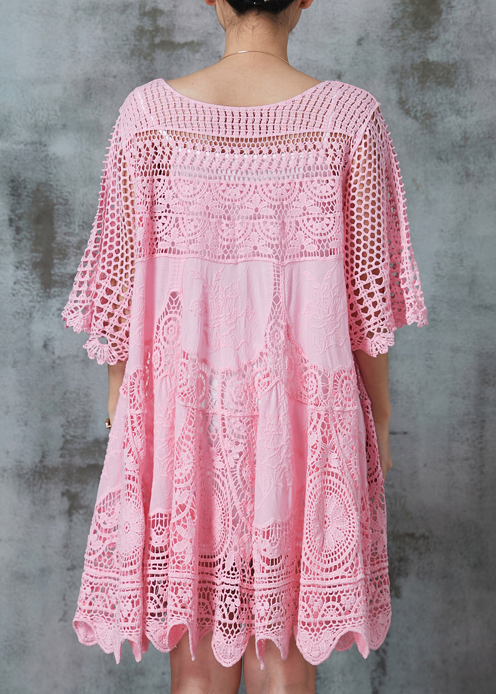 Women Pink Hollow Out Lace Holiday Dress Summer