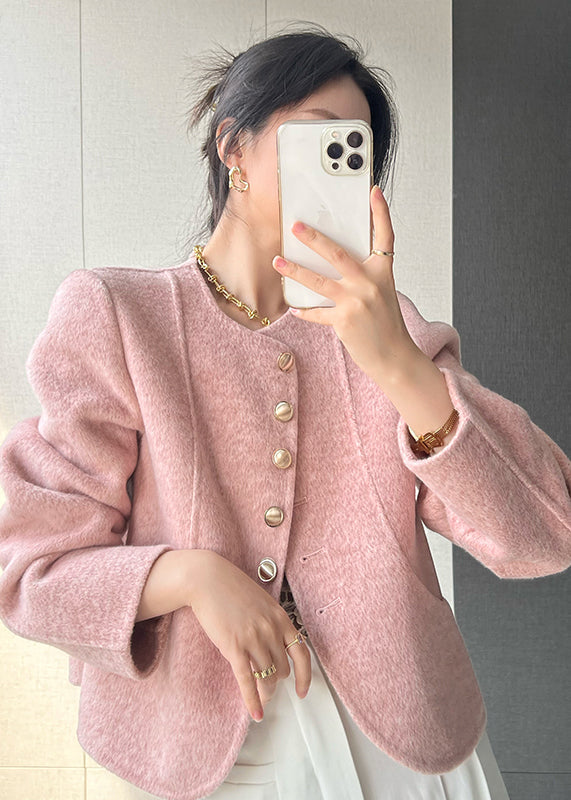 Women Pink O Neck Button Woolen Short Coat Spring