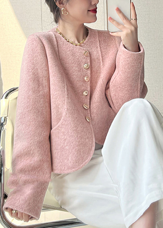 Women Pink O Neck Button Woolen Short Coat Spring