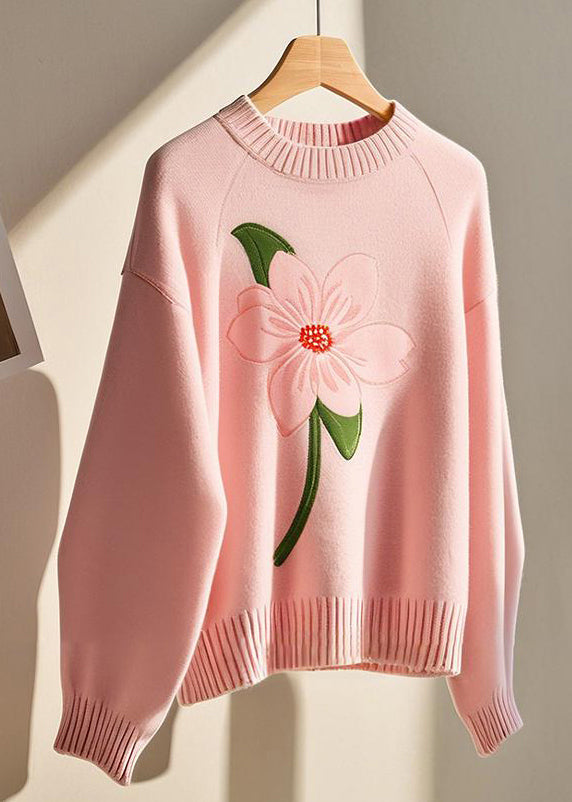 Women Pink O Neck Cozy Knit Sweater Fall