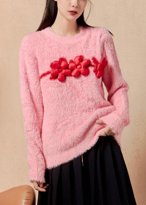 Women Pink O Neck Floral Mink Hair Knitted Sweaters Winter