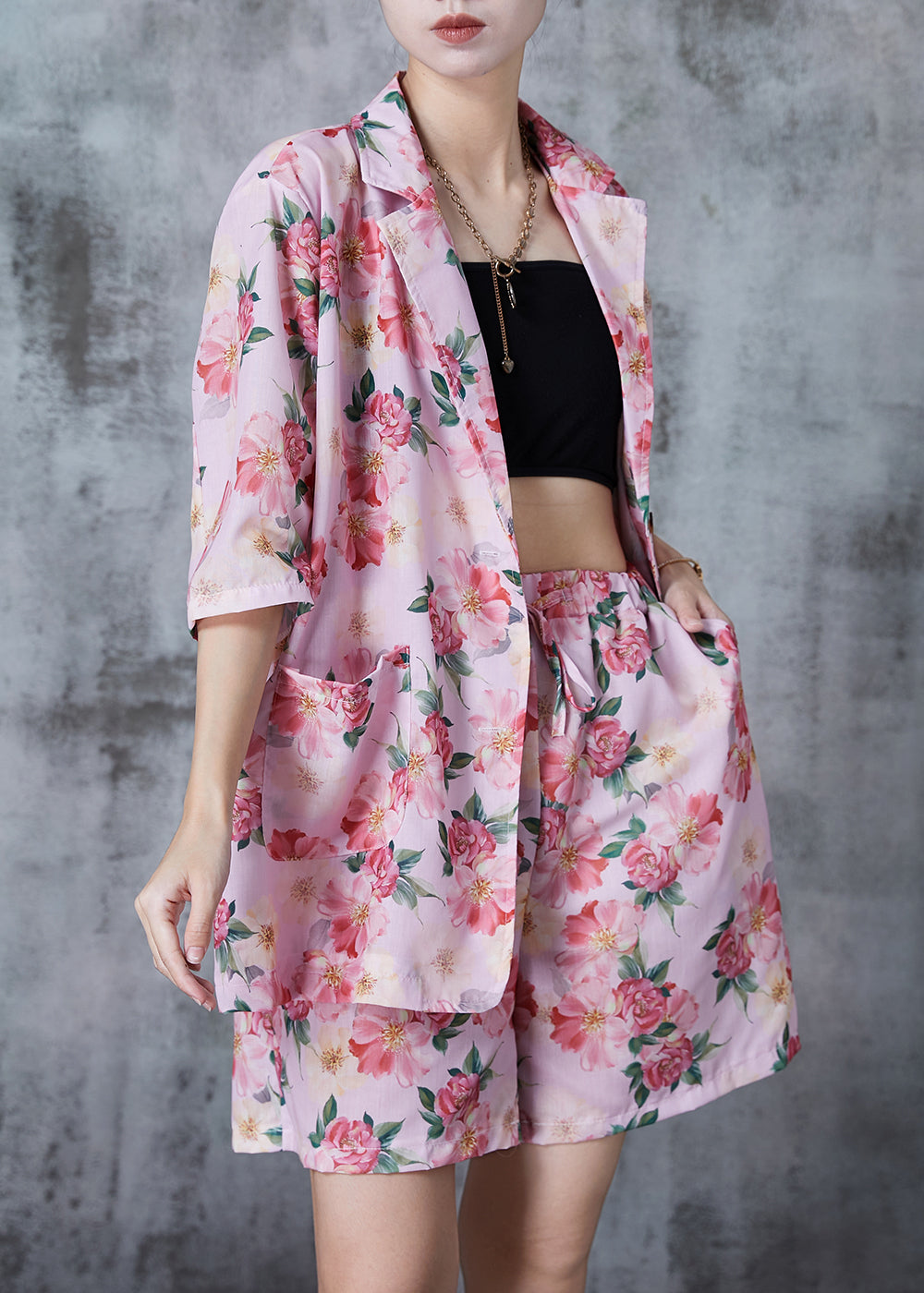 Women Pink Oversized Print Linen Two Pieces Set Summer