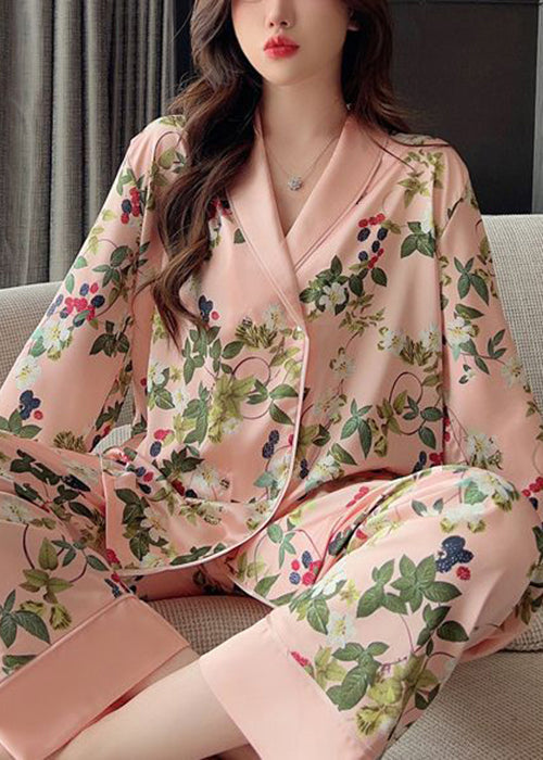 Women Pink Peter Pan Collar Print Ice Silk Pajamas Two Pieces Set Spring