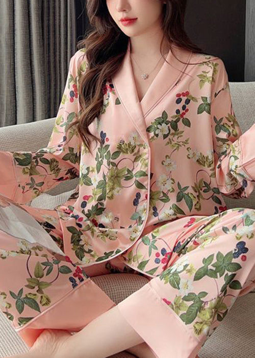 Women Pink Peter Pan Collar Print Ice Silk Pajamas Two Pieces Set Spring