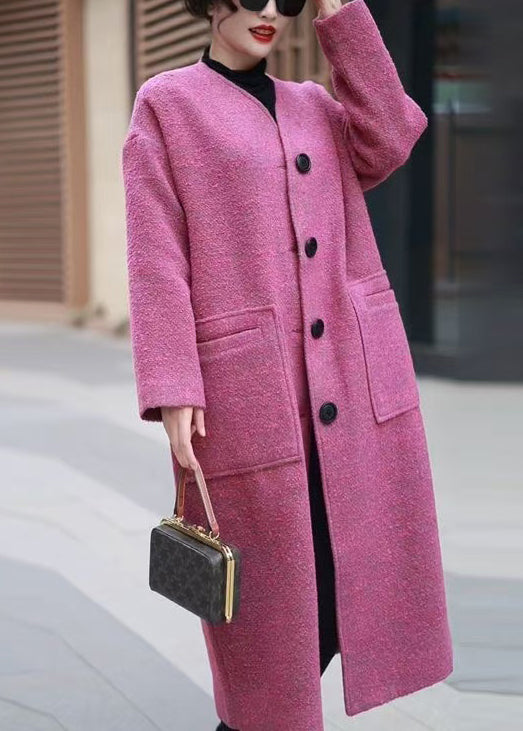 Women Pink Pockets Back Side Open Woolen Coats Winter