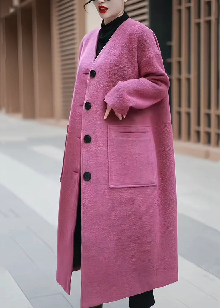 Women Pink Pockets Back Side Open Woolen Coats Winter