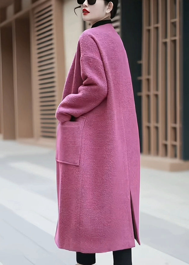 Women Pink Pockets Back Side Open Woolen Coats Winter