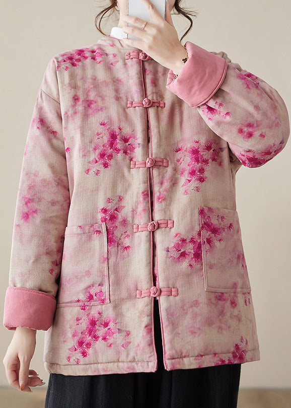 Women Pink Print Button Pockets Cotton Filled Parkas Winter