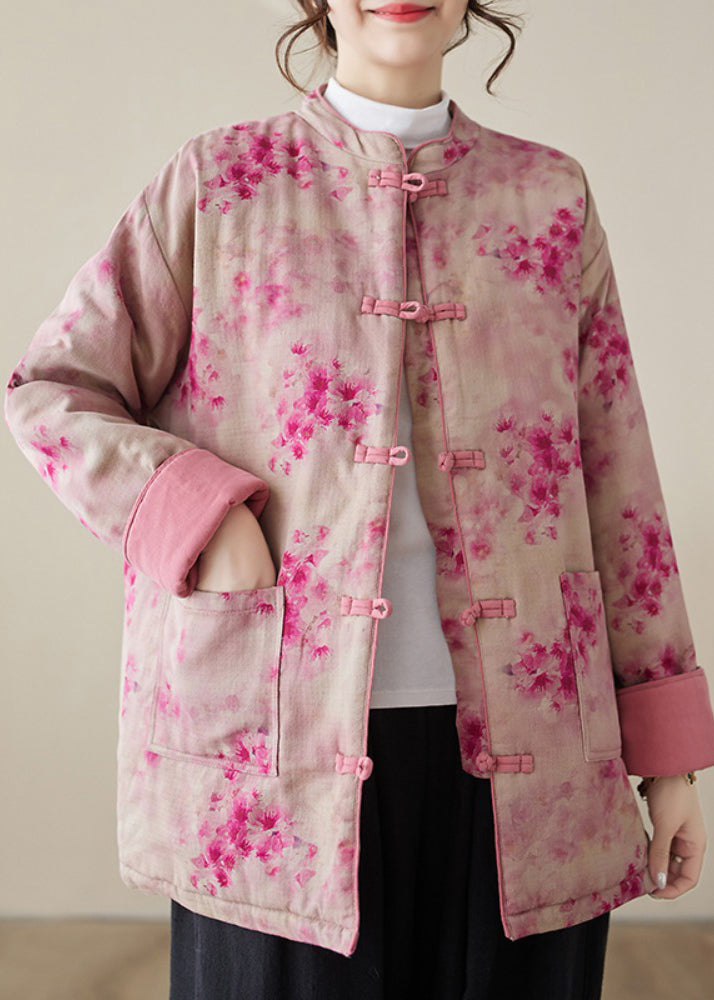 Women Pink Print Button Pockets Cotton Filled Parkas Winter