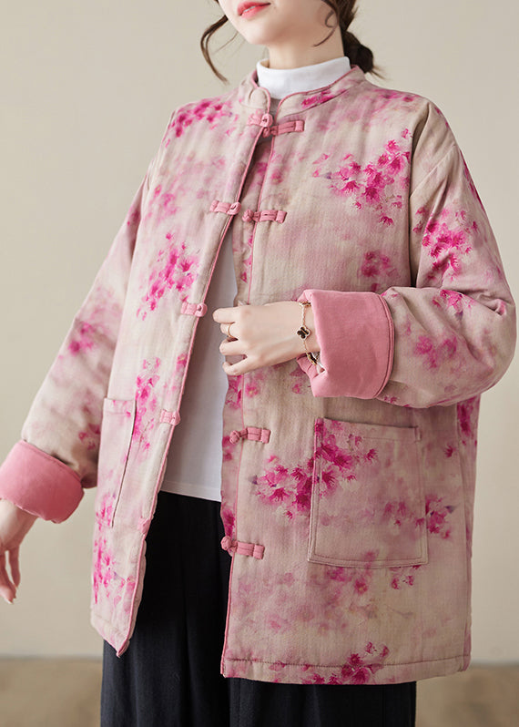 Women Pink Print Button Pockets Cotton Filled Parkas Winter